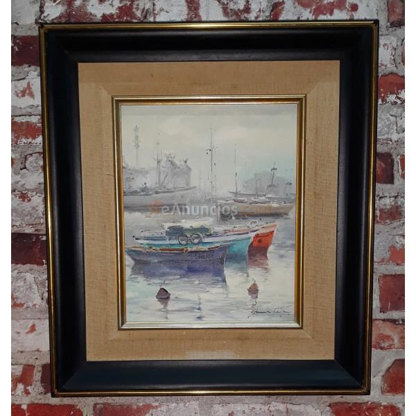 OLEO SOBRE LIENZO, PUERTO DE BARCELONA, FIRMADO