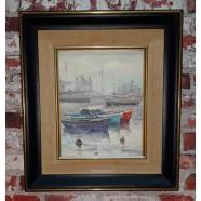 OLEO SOBRE LIENZO, PUERTO DE BARCELONA, FIRMADO