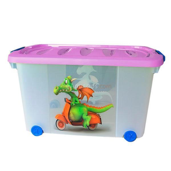 Caja multiusos con ruedas dragón tapa rosa
