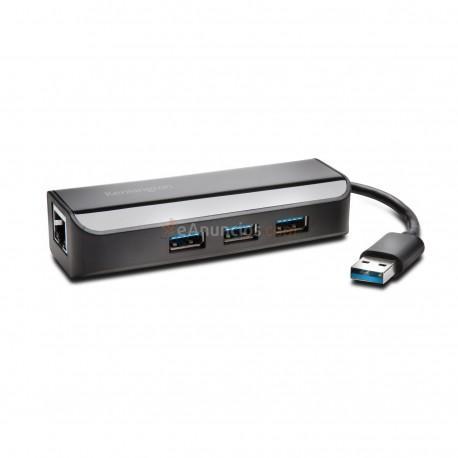 Kensington - Adaptador UA3000E USB 3.0 Ethernet y hub de 3 puertos: negro