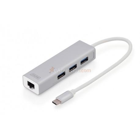 Digitus - DA-70255 hub de interfaz USB 3.0 (3.1 Gen 1) Type-C 1000 Mbits Gris, Blanco