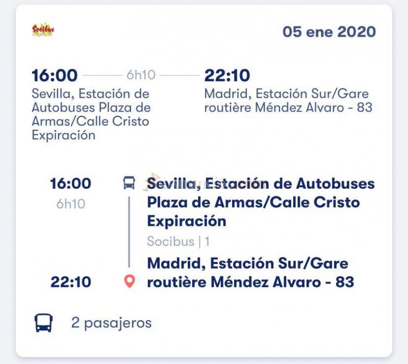 2 Billetes autobús SevillaMadrid 5 enero 16:00.